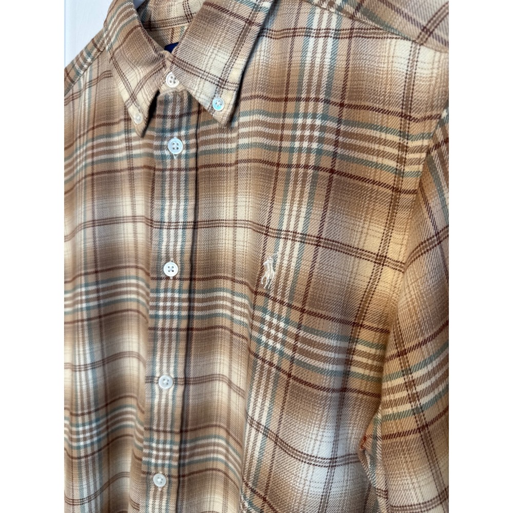 Ralph Lauren Mens Large Tan Brown Plaid Cotton Button Down Shirt Pony Logo - Picture 15 of 16